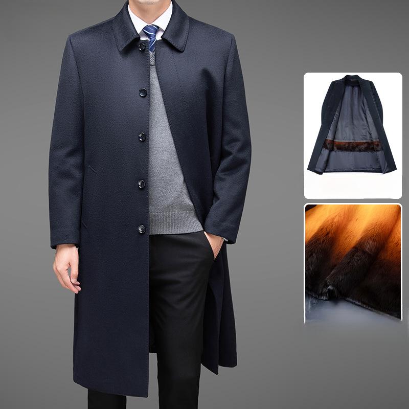 

Мужское шерстяное пальто длиной до колена с двухсторонним шерстяным кроличьим мехом, съемная подкладка, одежда для пап среднего и пожилого возраста 4XL
