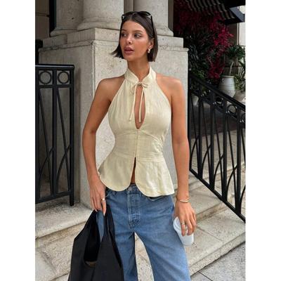 Summer New Vintage Style Halter Neck Off-Shoulder Slim-Fit Tank Top For Women Stylish Casual Girls Sleeveless Shirt