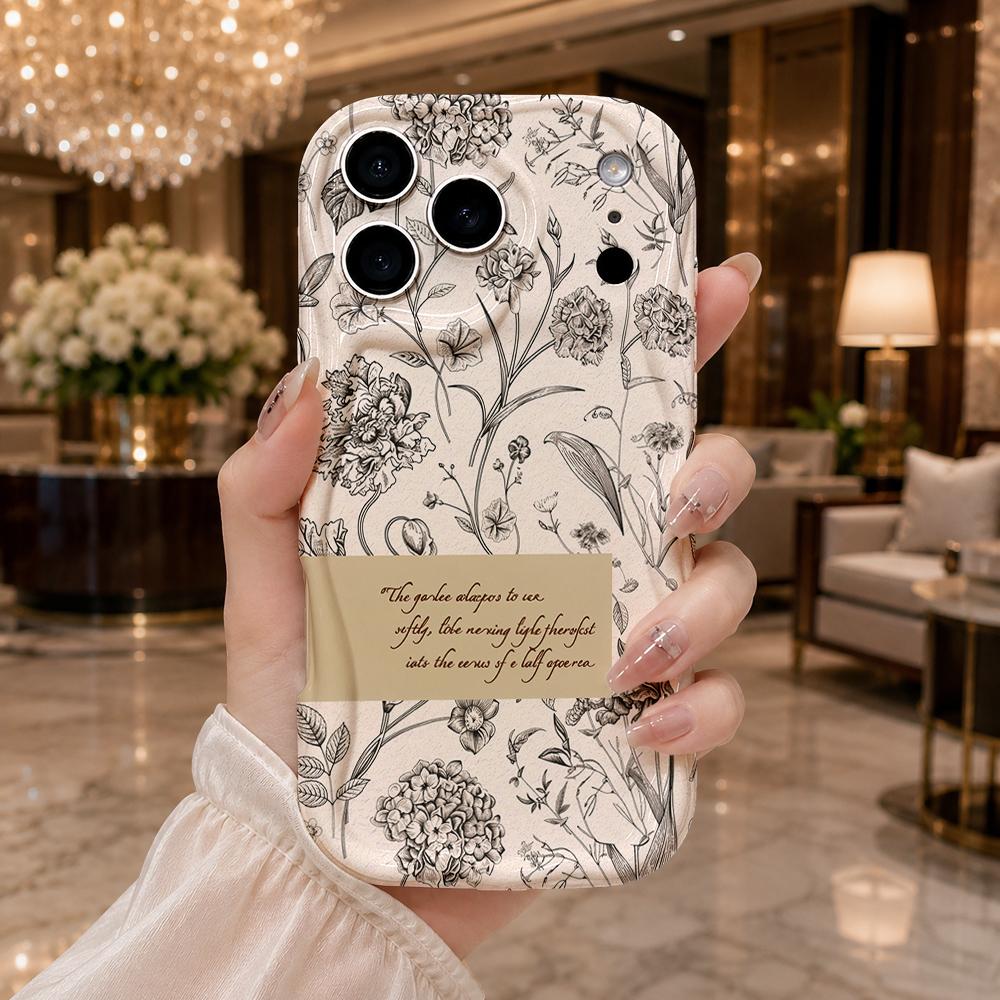 Black Line Sketch Floral Quote Phone Case For iPhone 17 16 15 14 13 12 11 Pro Max Plus Wavy Edge Cover