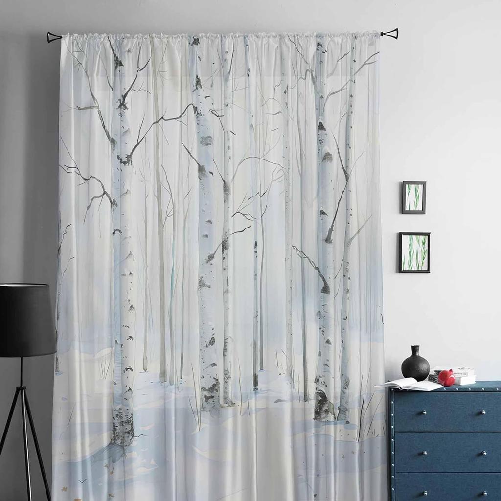 White Birch Semi Sheer Curtains Drapes for Living Room,Bedroom,French Doors Window 84 Inches Long,Watercolor Winter Snow Scenery Trees Forest Rod