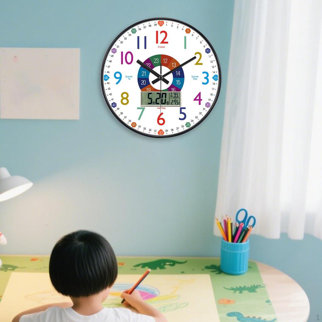 Kids Wall Clock 12" Colorful Teaching Time Easily Silent for Classroom Playroom