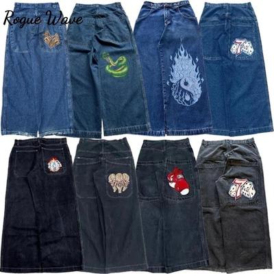 RogueWave Y2K Jeans Goth Printed Graphic Baggy Jeans Fashion Hip Hop Streetwear Harajuku Casual Wide Leg Jeans