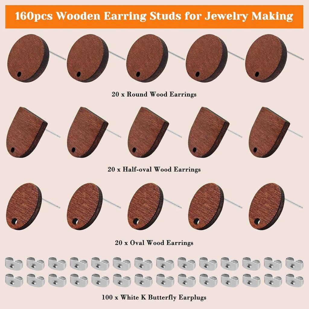Oubaka 60pcs Wooden Earring Studs for Jewelry Making,Wooden Stud Earrings Wood Earring Posts Earring Pin Stud Bulk with 100pcs Earring Backs for DIY