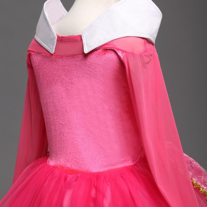 Robe Princesse Aurore Belle Au Bois Dormant Fille - Déguisement Cosplay Rose Velours Tulle, Couronne Baguette Gants, Taille 130 (6-7 Ans)