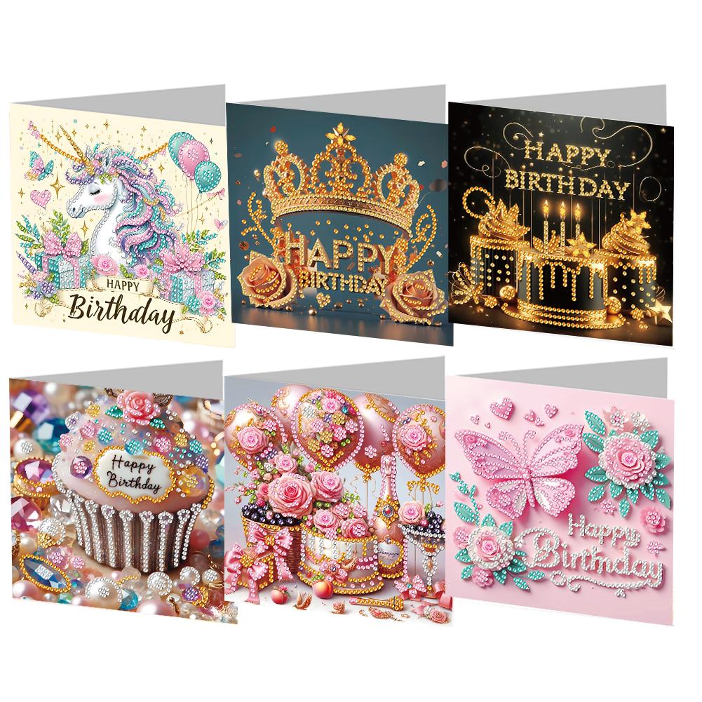 6Pcs Colorful Pattern DIY Diamond Painting Greeting Card with Envelope Diamond Birthday Blessing Card for Friend Family Lover