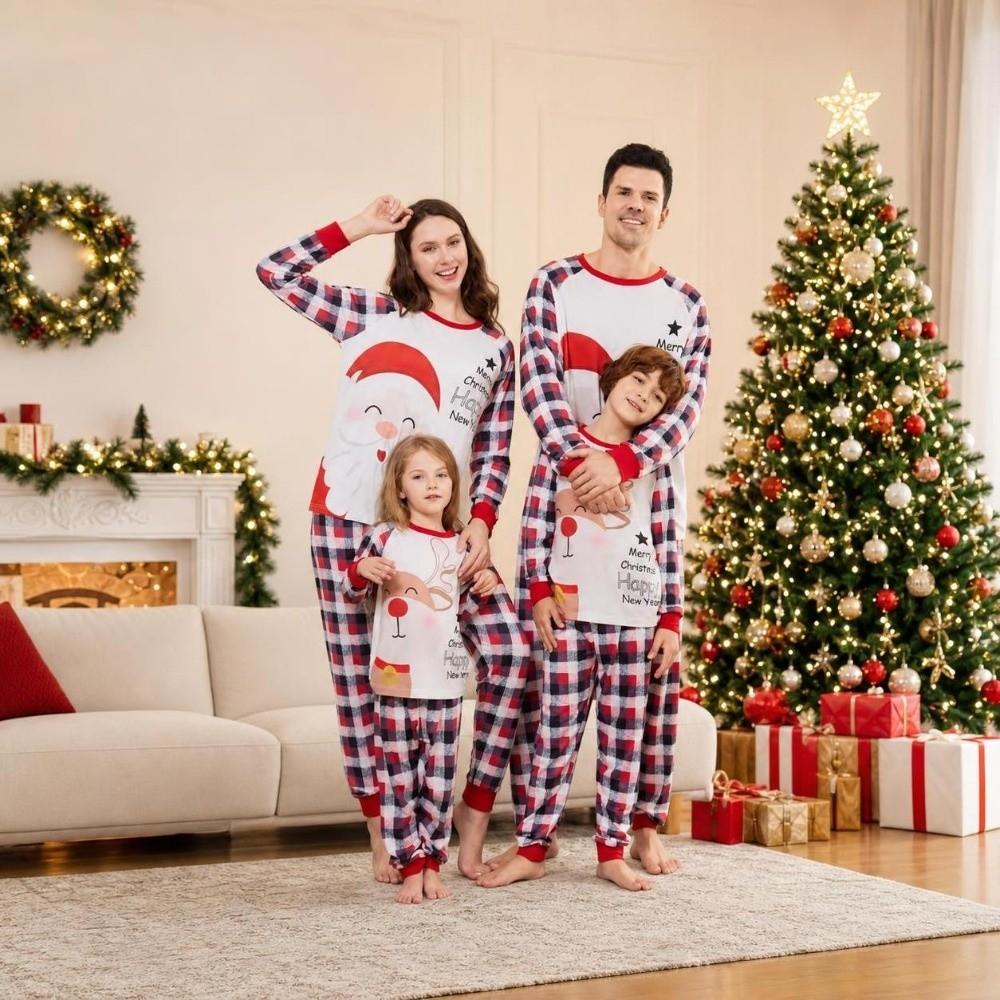 Long Sleeve Christmas Pyjamas Set Plaid Printed Top+Pants Soft Family Matching Pyjamas Adult Kids