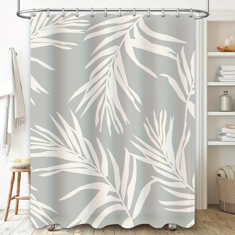 Modern Bathroom Decor White Palm Leaf Pattern Shower Curtain Set for Home Bathrooms Bathtubs Size 72 X 84 Inches