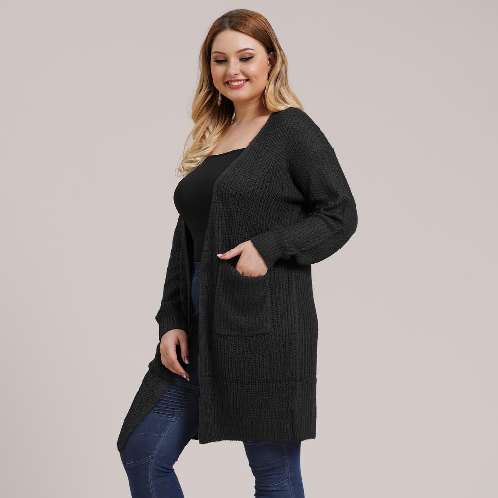 Autumn and Winter Large Size Women's Pocket Knitted Cardigan Mid-Length Sweater