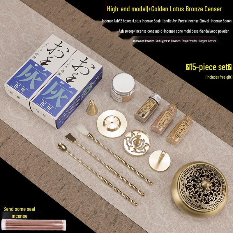 Kodo Set: Brass Ash Press Incense Burner & Pure Incense Powder with Dazuan Seal Mold for Home Use