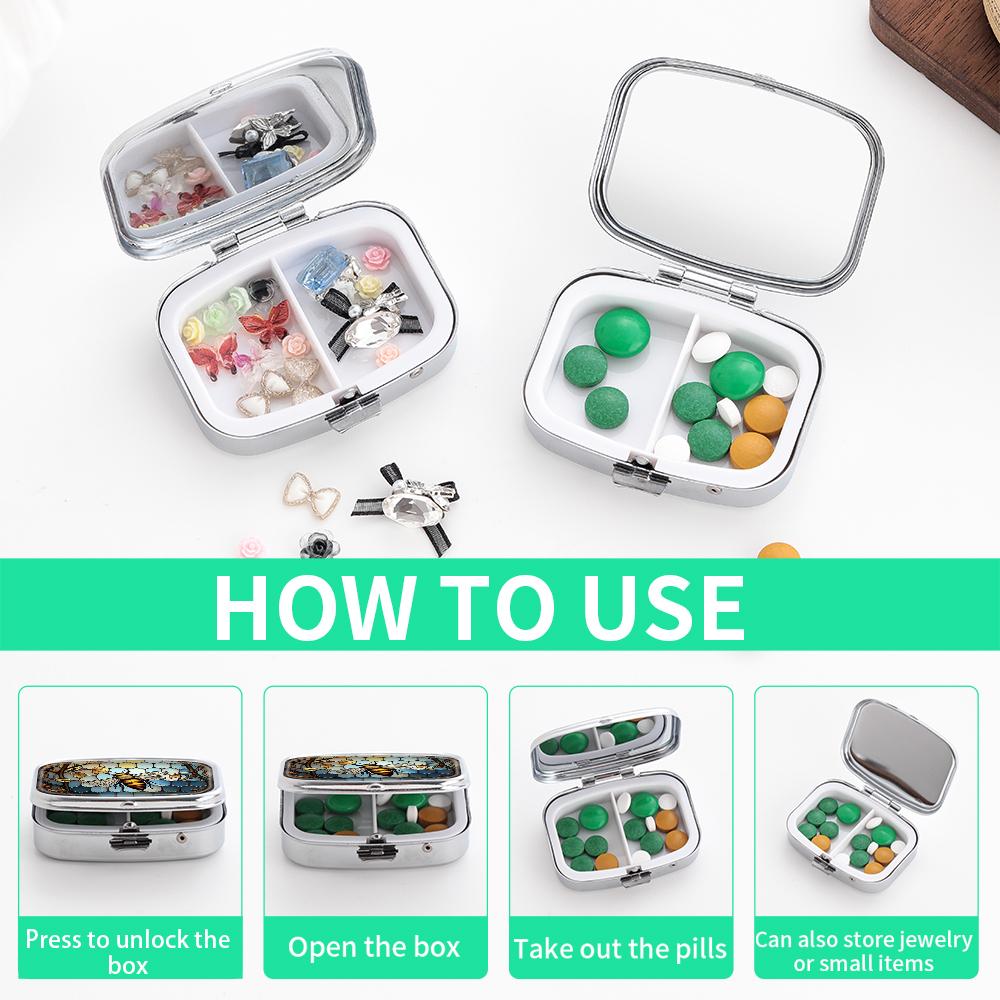 Portapillole Portatile con 2 Scomparti, Mini Custodia Organizer in Metallo per Medicine, Carino Contenitore Stampato per Pillole, Vitamine, Gioielli, Viaggio, Uso Quotidiano