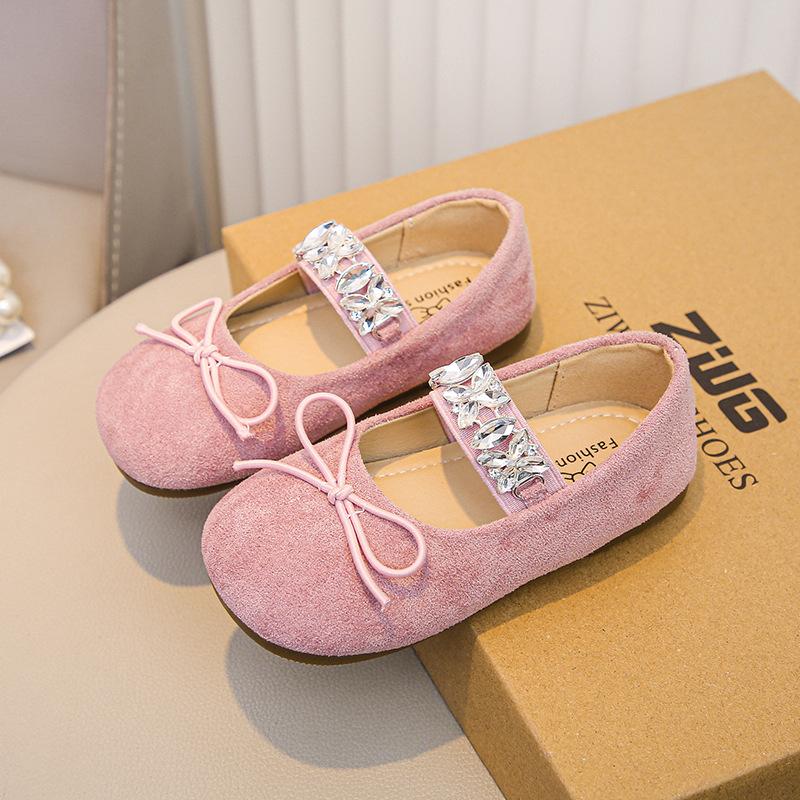 Girls dance shoes spring and summer 2025 big rhinestone shiny princess shoes children's cute bow soft-soled single shoes