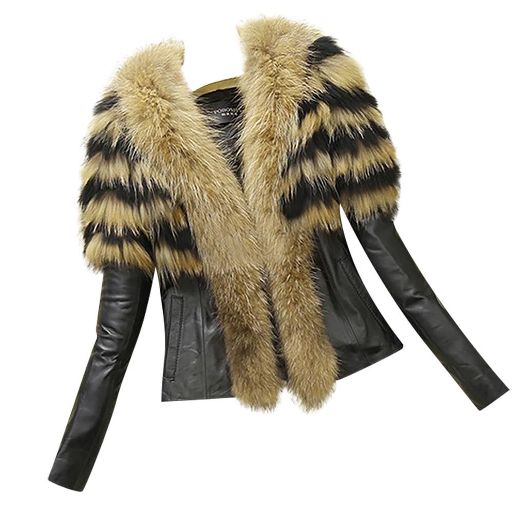 Womens Fashion Warm Plush Pocket Long Sleeve Imitation Leather Collar Coat