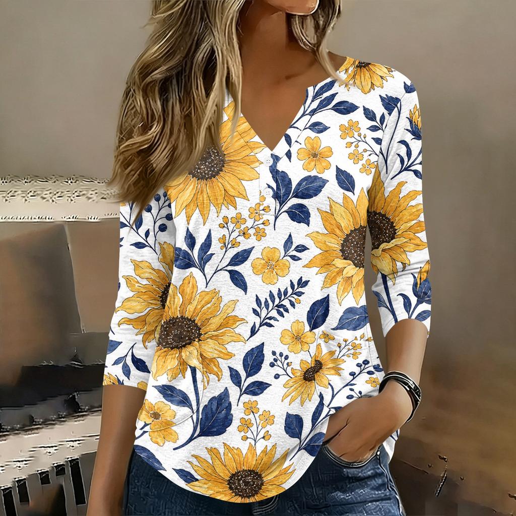 Women 3/4 Sleeve V Neck Henley Floral Print Pullover Casual T Shirt Top Lightweight Soft Fabric Comfortable Fit