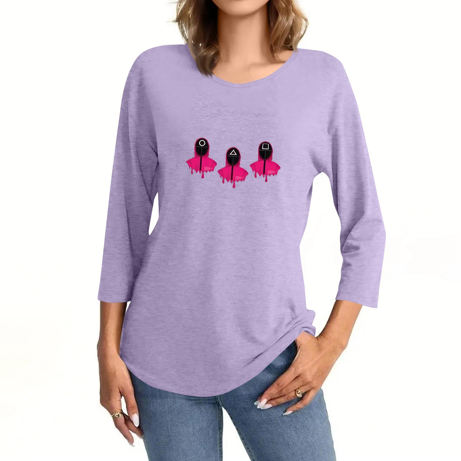 

Женская мода повседневная рубашка с круглым вырезом и принтом в виде семиточечного рукава XXL фиолетовый