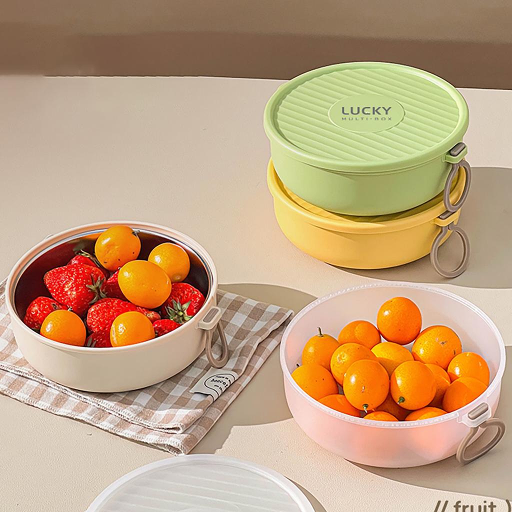 304 Stainless Steel Round Lunch Box With Rope Portable Fruit Salad Food Box Microwave Heatable Sealed Bento Box For Kids Student