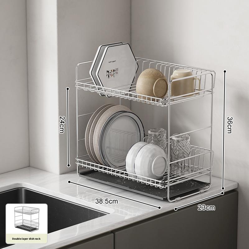 

Compact Dish Drying Rack Stainless Steel Double-Layer Countertop Drain Holder Shelf Kitchen Dishware Cutlery Storage Shelves