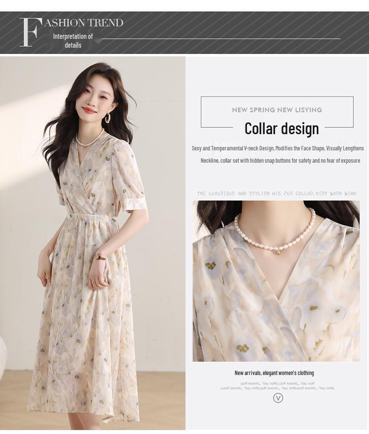 Gentle Floral Print V-Neck Summer Dress for Women - Elegant French Tea Break Style
