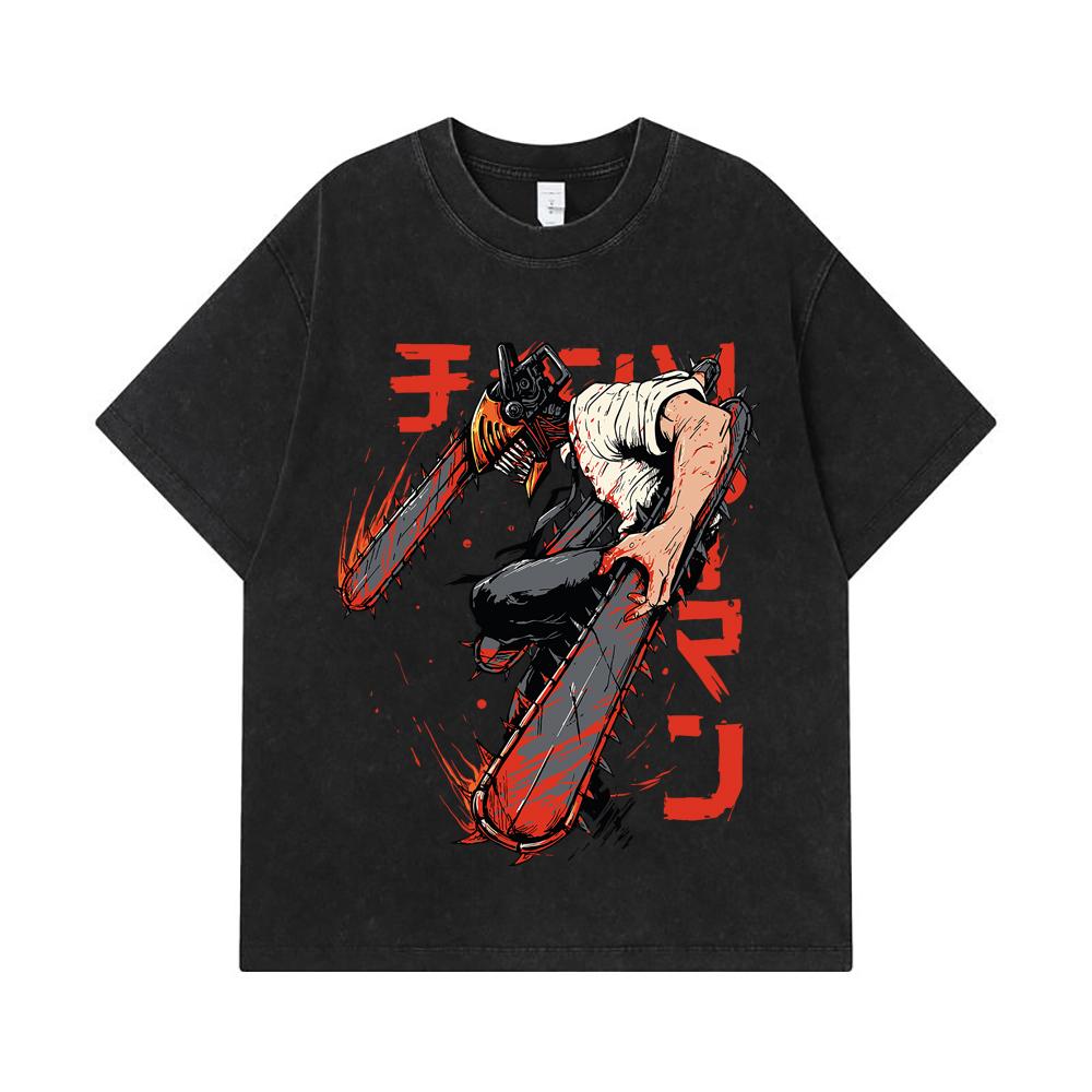275 GSM Washed T-shirts 100% Cotton Chainsaw Man V21 Denji Print Unisex Heavy Cotton T Shirt