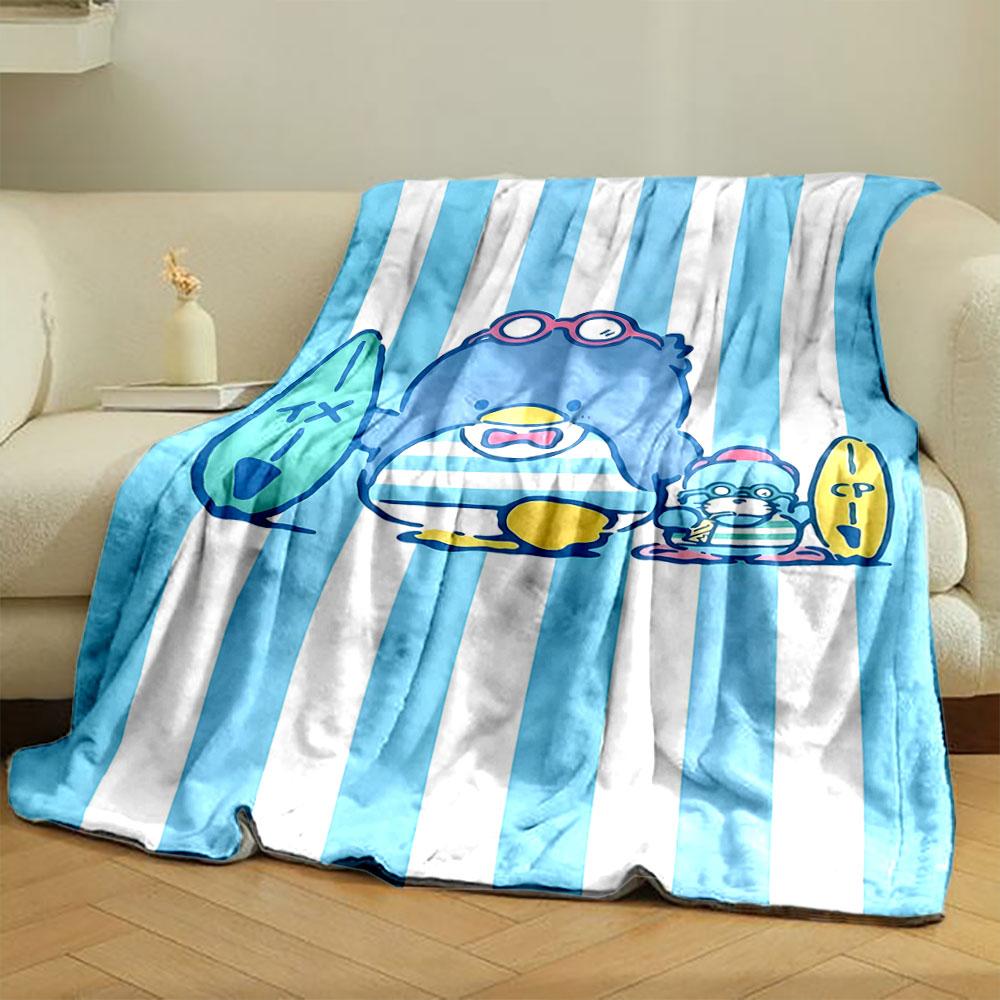 Blue and white vertical stripes with cartoon characters holding surfboards. for all seasons blanket lunch break throw gift