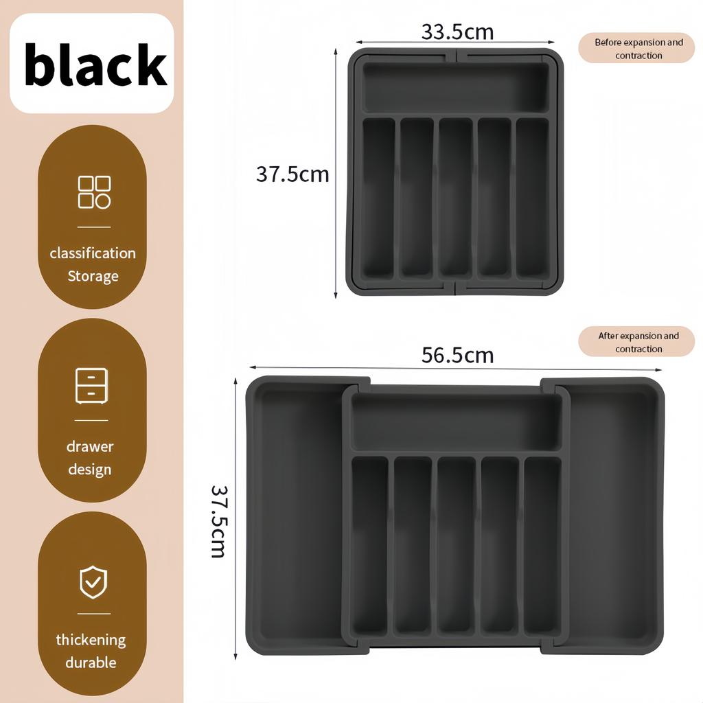 2Pcs Black Drawer Organizer  Expandable Utensil Tray for Kitchen  Used for Spoons, Forks, and Knives Cutlery Organiser