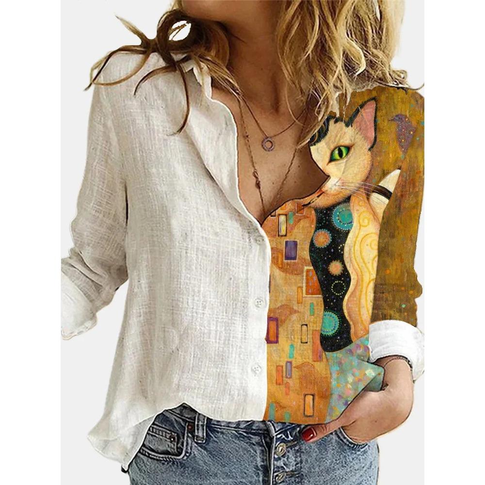 Fashion Stitching Retro Face Print Long Sleeve Blouse Women Lapel Button Casual Top Lady Shirts