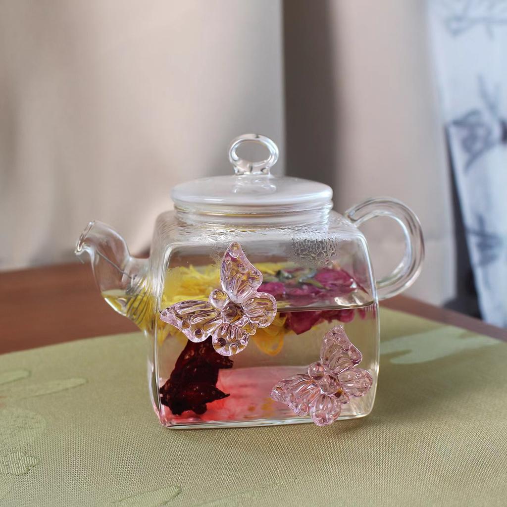 Pink Butterfly Glass Teapot Tea Cups Set Heat-Resistant High Borosilicate Tea Pot Teacup Teaware Set