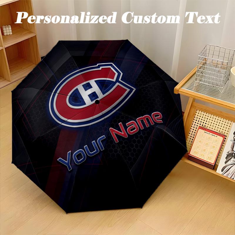 Montreal Canadiens Automatic 8‑ribs Umbrella, Custom Name Text Personalized Folding Umbrella Rain Sun Gift