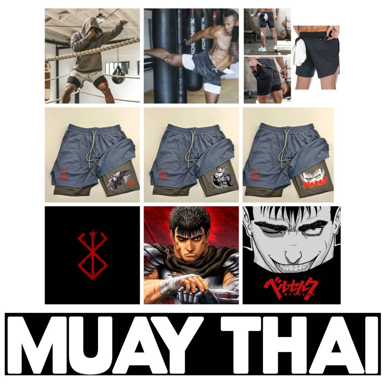 Berserk Pantaloncini Muay Thai Kick Boxing UFC MMA Arti Marziali Miste Anime Uomo Donna Unisex Doppio Strato Asciugatura Rapida Traspirante Sport Pale
