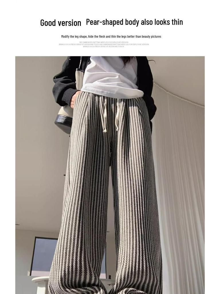 High Waist Pinstripe Wool Wide Leg Pants for Petite Women - Korean Style, Brown, Fall/Winter