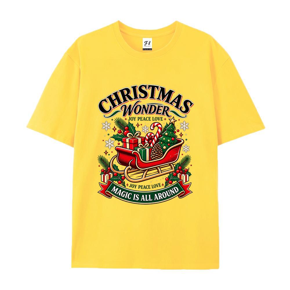 Women's Christmas Wonderland Graphic T Shirt Santa Sleigh Tree Gift Print Casual Short Sleeve Crew Neck Holiday Tee