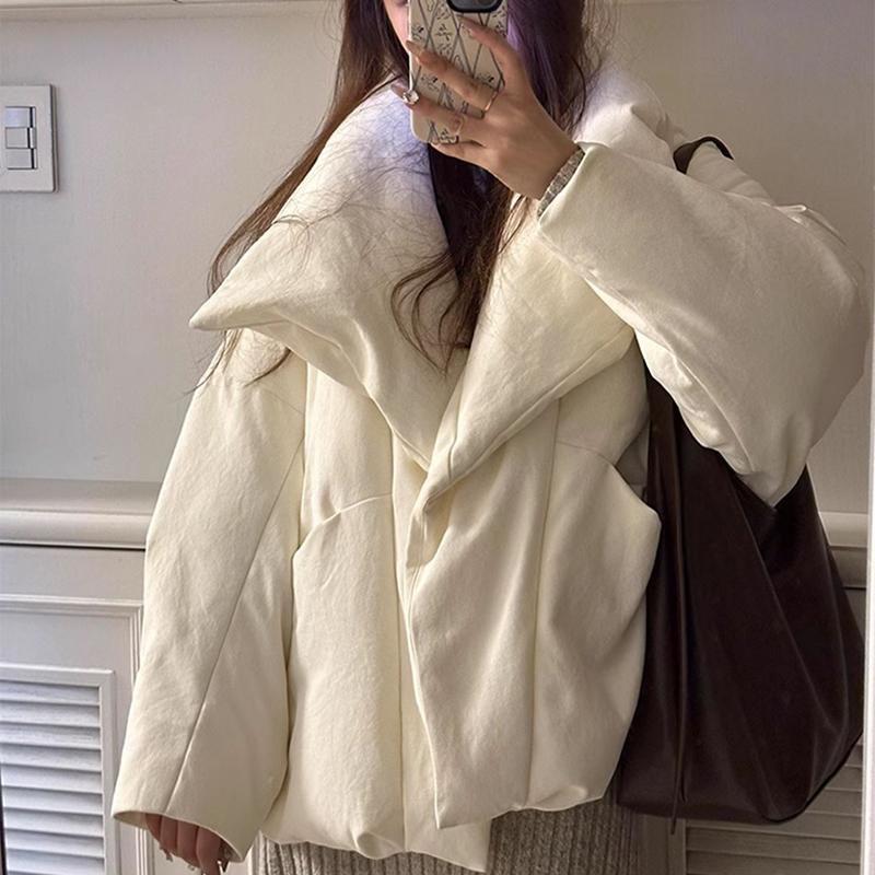 Women's Winter Short Down Cotton Jacket 2025 Simple Fashion Warm Large Lapel Jacket Long Sleeve Loose Fit Women Parkas