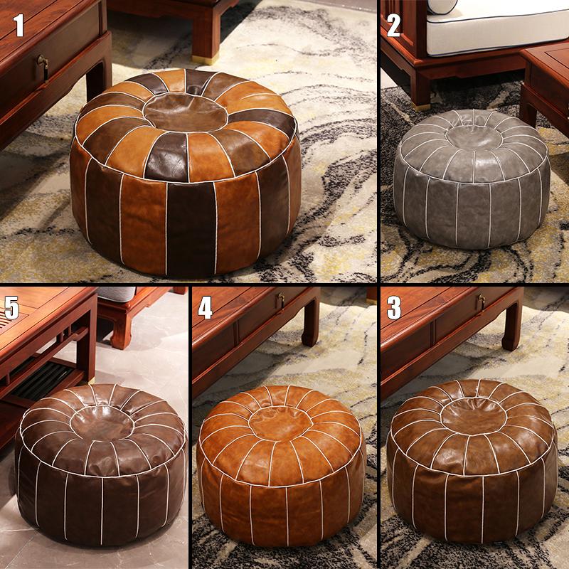 Marokkanischer Pouf aus PU-Leder, bestickt, handgefertigt, rund, großes Kunstleder, ungepolstertes Kissen