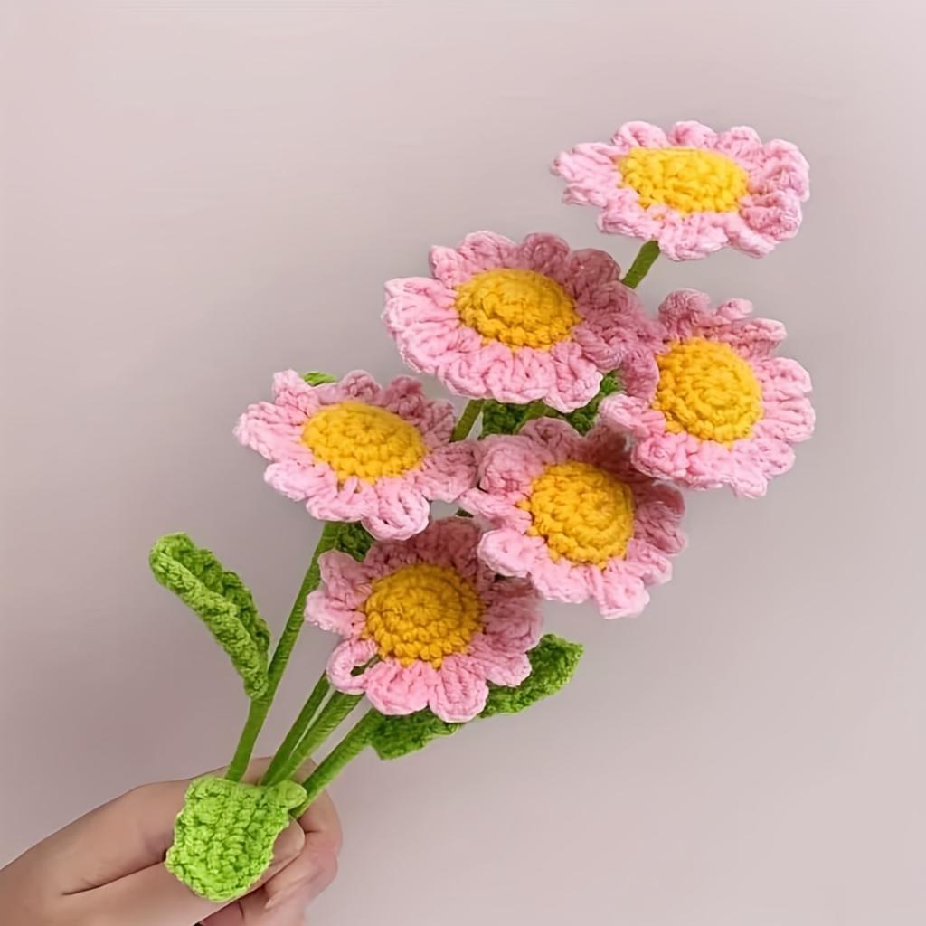 5 Pcs Hand Crocheted Artificial Sunflower Daisy Bouquet, Knitted Fake Flowers For Wedding Mother's Day Home Office Decoration Without Vase