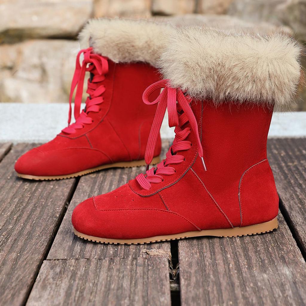 Damen -Gefütterte Schnür-Winterstiefel mit Pelzkragen und runder Spitze
