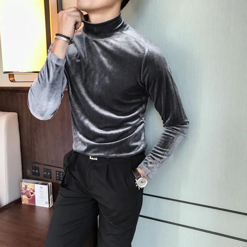 Men's Fall Half-High Neck Striped Long-Sleeve T-Shirt Slim-Fit Mid-Neck Thermal Base Layer