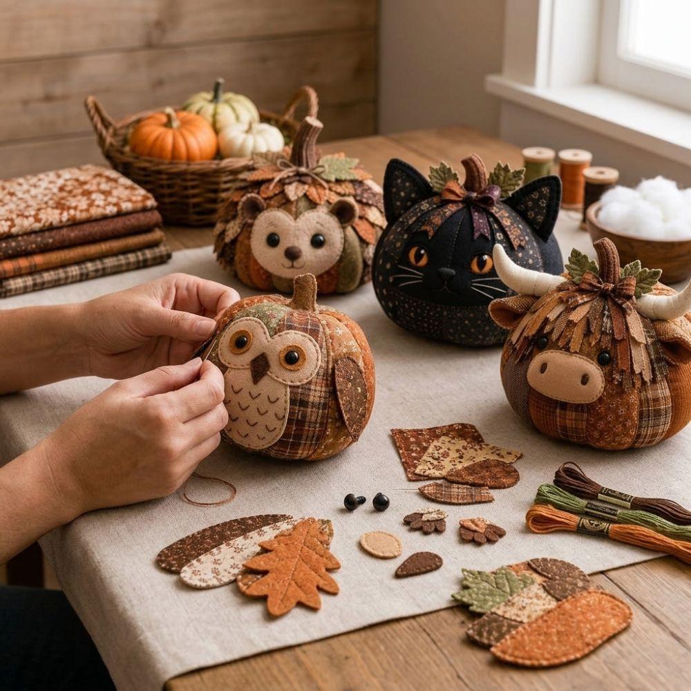 Cow Cat DIY Patchwork Pumpkin Friends Kit Fall Animal Stuffed Patchwork for Beginners