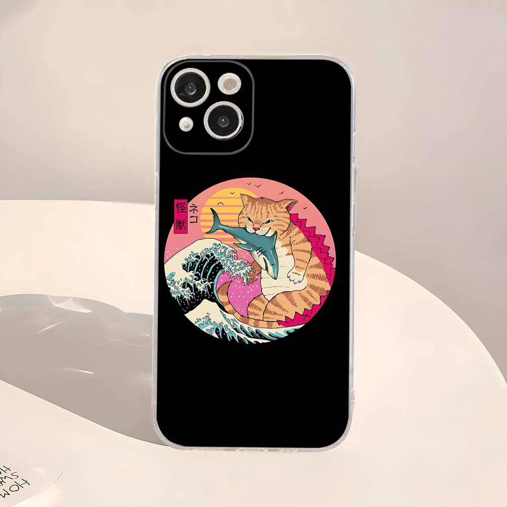 Japanese Samurai Cat Ramen Transparent Phone Case For IPhone 16 15 14 13 12 11 Pro Max Plus Soft Cover