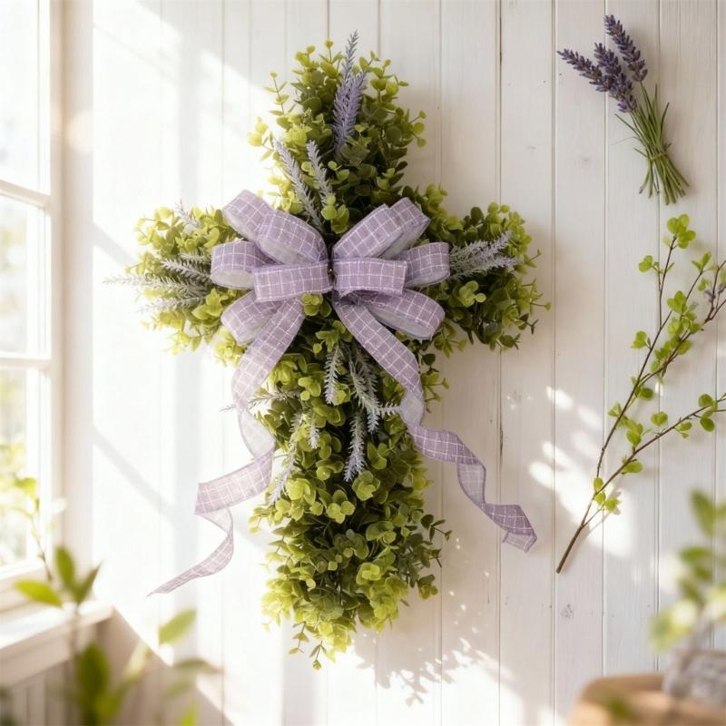 Crossed Shape Easter Wreath with Big Bowknot Plastic Artifical Wreath Hanging Decoration for Door Holiday Decoration