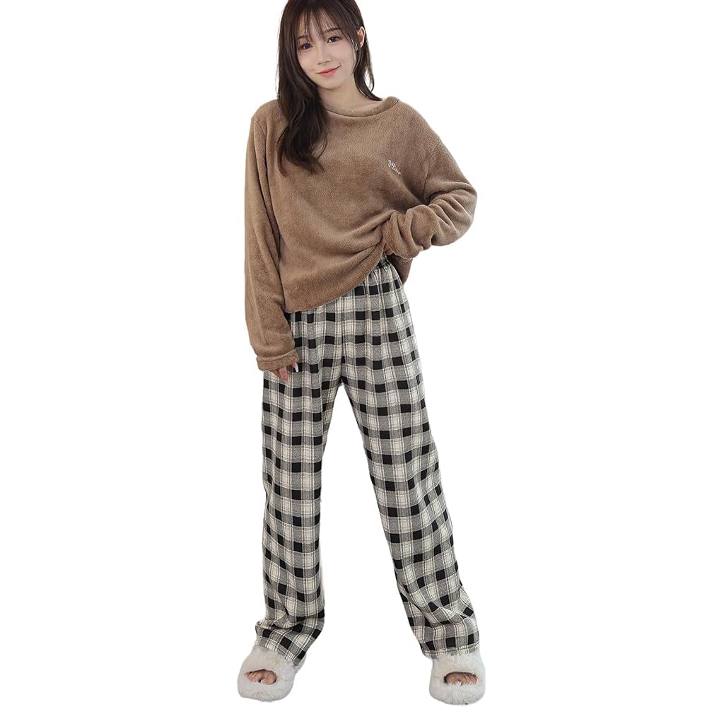 Pajama Fluffy Top and Checkered Long Loose and Comfortable Loungewear for Fall and Winter [7-livehouse] Women's Set, Pants, Warm, Fit, Flattering,