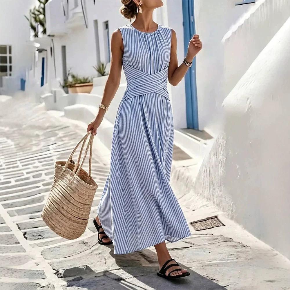European and American women's sleeveless cross-waist pleated dress Tencel hemp blended minimalist dress