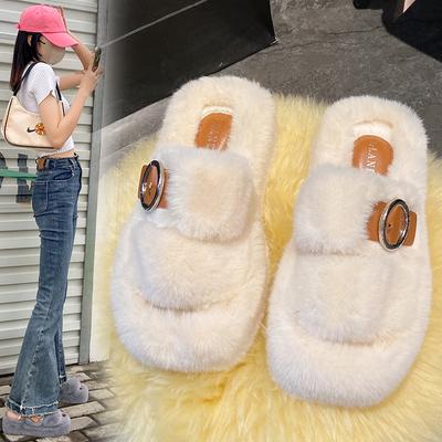 Fashion Plus Size Women's One Word Buckle Fashion Fluffy Slippers Wear Outside Versatile Cotton Mops
