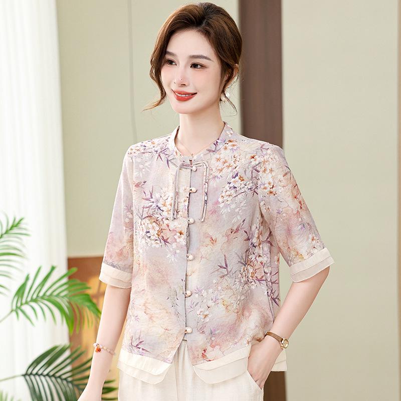 

2026 New Chinese Style Summer Chiffon Short-Sleeve Shirt for Mothers, Loose and Stylish T-shirt for Middle-Aged and Elderly Women L (80-100 jin) рожевий/фіолетовий