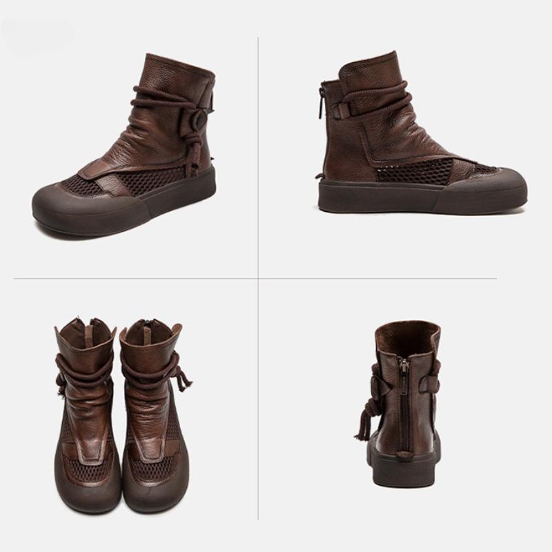 Johnature Hohle, atmungsaktive Retro-Sommerstiefel aus echtem Leder mit Reißverschluss hinten und römischen Sandalen mit dicker Sohle für Damen