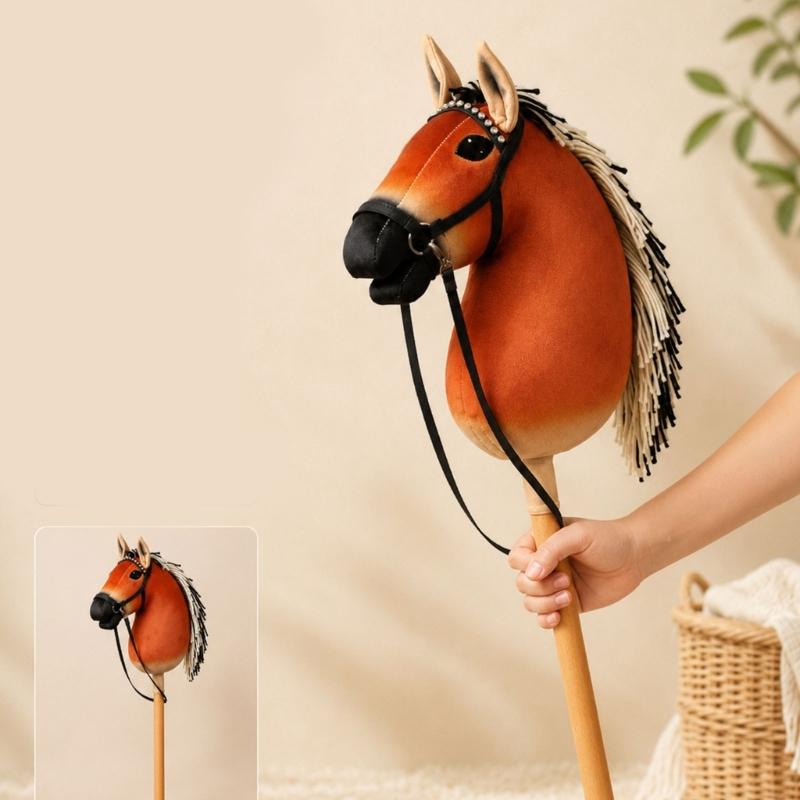Horse Head Stick Toy Plush Brown Costume Prop with Handheld Wooden Handle for Role Play, Stage Use, Party Play and Themed Photo Props