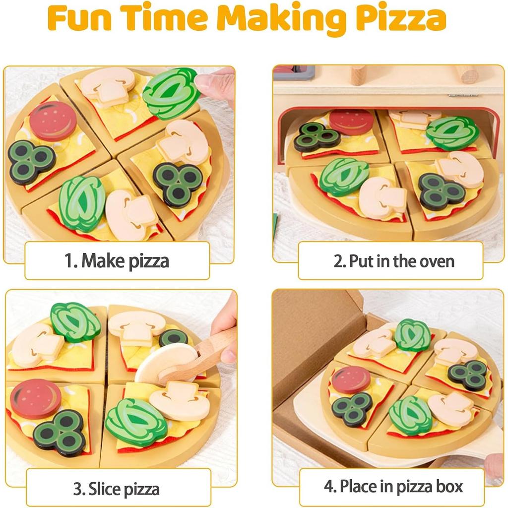 Wooden Pizza Toy Montessori Pretend Play Food Educational Learning Toy Kithcen Playset with Bake Oven Birthday Gift for Boy Girl