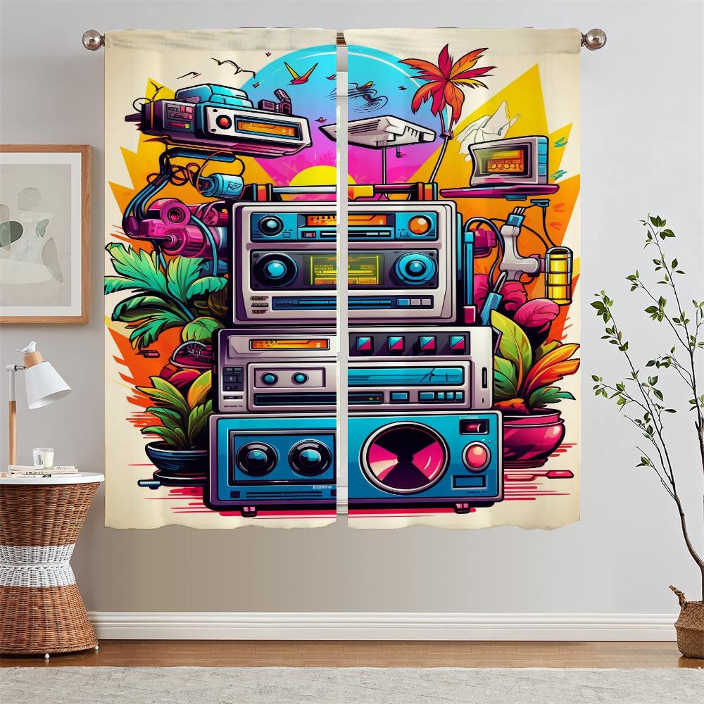 Lata 80. Vintage Radio Zasłony do pokoju dziecięcego do salonu Zasłony woalowe Zaciemniająca tkanina działowa Podwiązki do zasłon