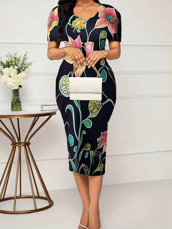 2026 Spring/Summer Women's Elegant Plus Size Printed Short Sleeve Dress - European & American Style
