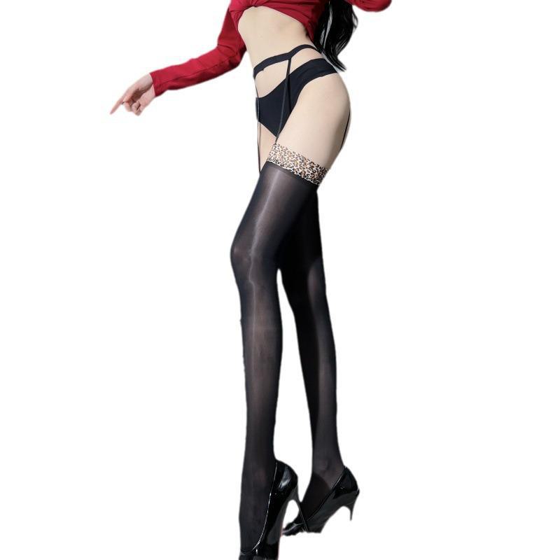 3D Glänzende Leopardenmuster Strumpfhalterstrümpfe - Sexy Overknee Schwarze Aurora Oberschenkelhohe