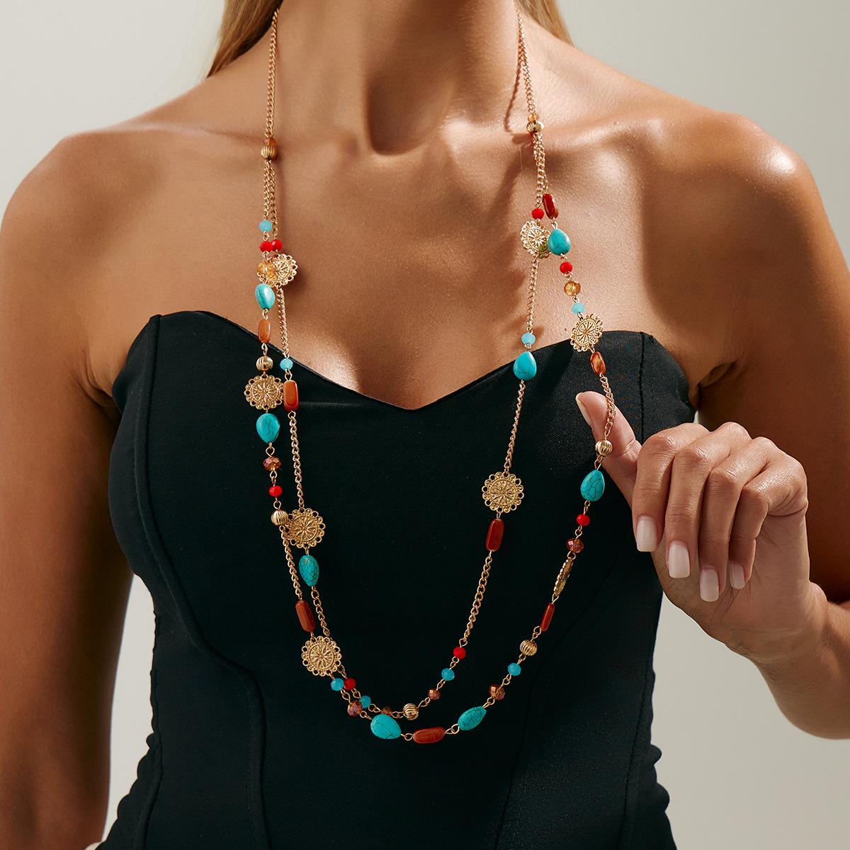 Bohemian Imitation Turquoise Beaded Fringed Long Necklace, Fashionable Ethnic Flower Plate Collarbone Chain