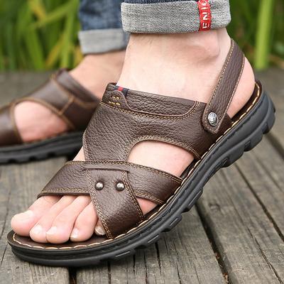 Summer Sandals Men's New Casual Beach Shoes First Layer Cowhide Soft Sole Dad Leather Cool Slippers Men's Street Stall